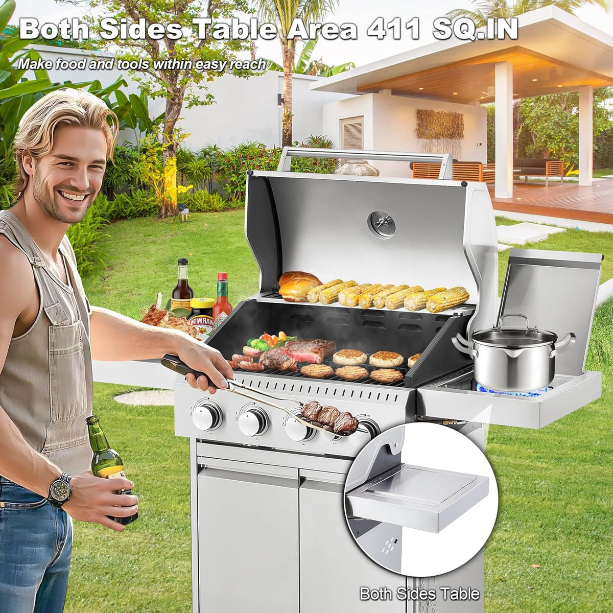 MELLCOM 4 Burner Propane Gas Grill With Cast Iron Grates And Side Stove, 44,000 BTU, Black - BBQ-4+1
