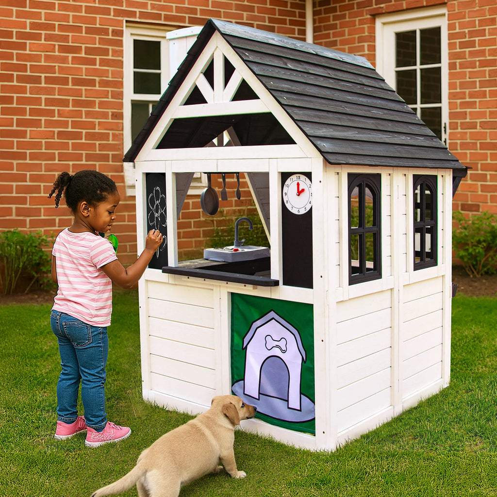 COCLUB Wooden Outdoor Playhouse With Doorbell, Phone And Kitchen Toys, 45in L x 43in W x 65in H