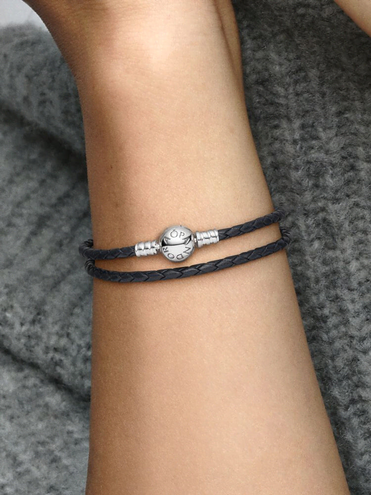 Pandora Moments Double Black Leather Bracelet