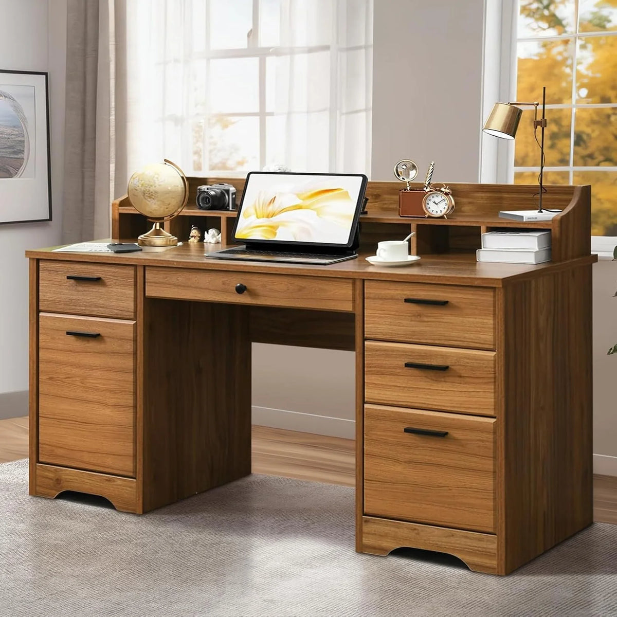 58 Inch Executive Desk With Hutch, 6 Drawers And Storage Cabinet - Vintage Brown