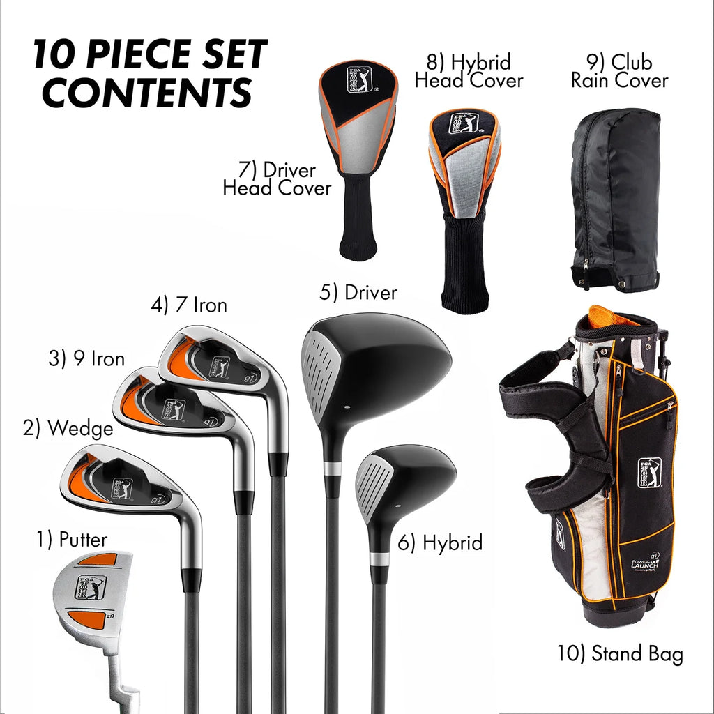 PGA Tour Right-Handed 10-Piece Kids Golf Club Stand Bag Set, Ages 8-12, Player Height 4ft 8in - 5ft 2in