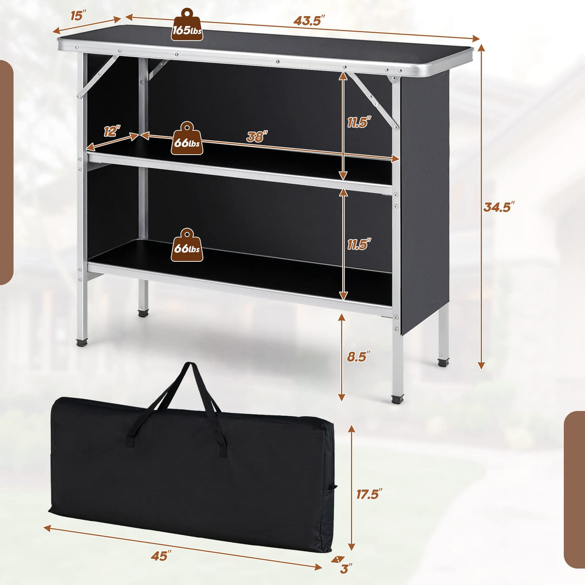 Folding Camping Table With 2-Tier Storage Shelves, Aluminum, 43.5 x 15 x 34.5 in