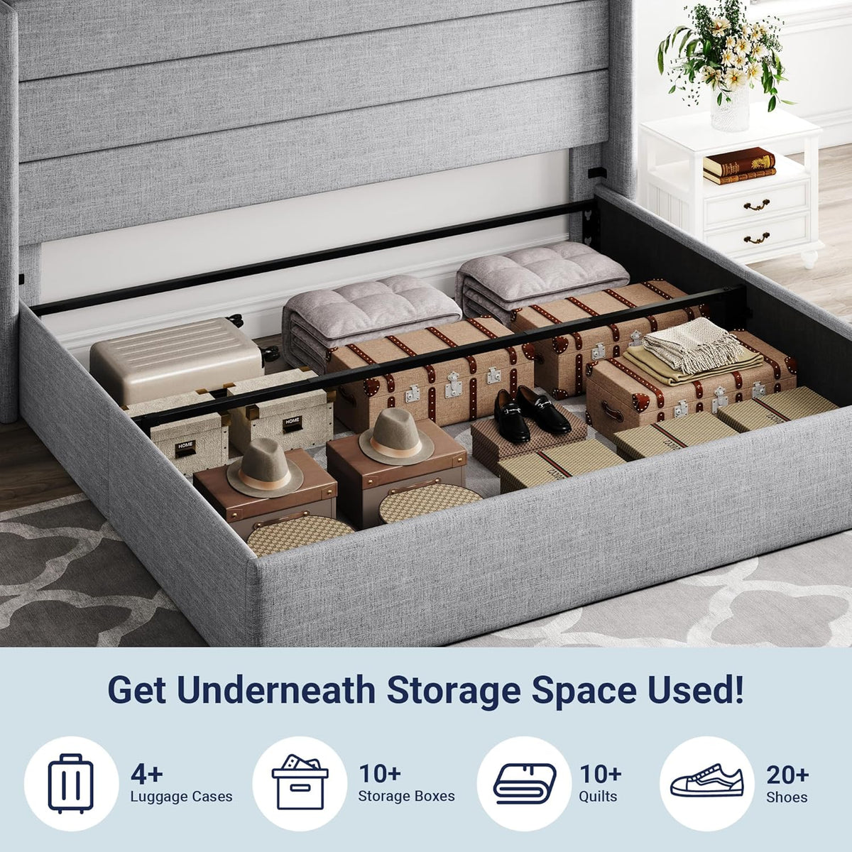Queen Size Lift-Up Storage Bed With Wingback Headboard, Upholstered Platform Bed Frame With Hidden Storage