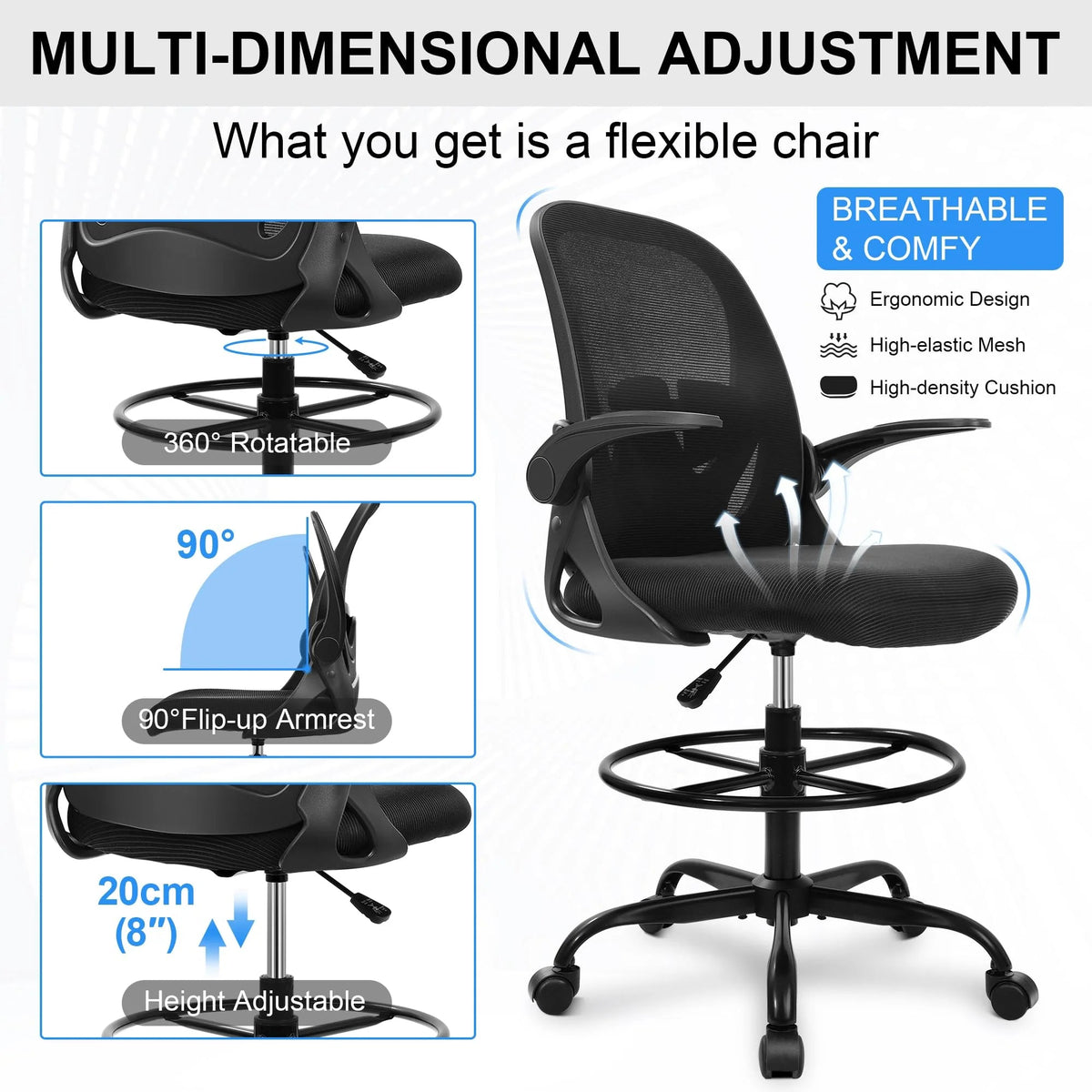 Ergonomic Drafting Chair With Adjustable Lumbar Support, Foot Ring And Flip-Up Armrests