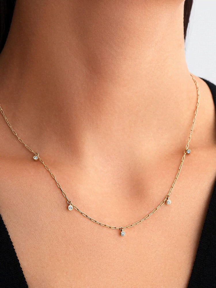 Pandora Era Bezel Lab-Grown Diamond Dangle Station Paperclip Chain Necklace
