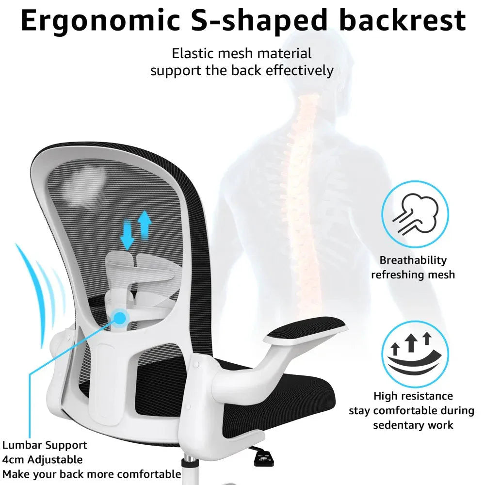 Silybon Ergonomic Office Task Chair, White, 20in D x 24in W x 38in H - Flip-Up Arms