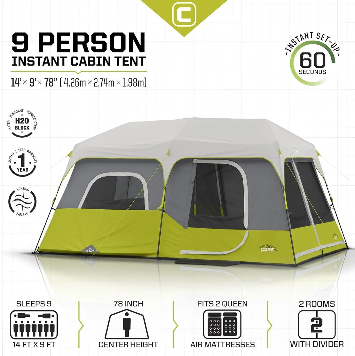 CORE 9 Person Instant Cabin Tent, 14 ft x 9 ft, Green - 40008
