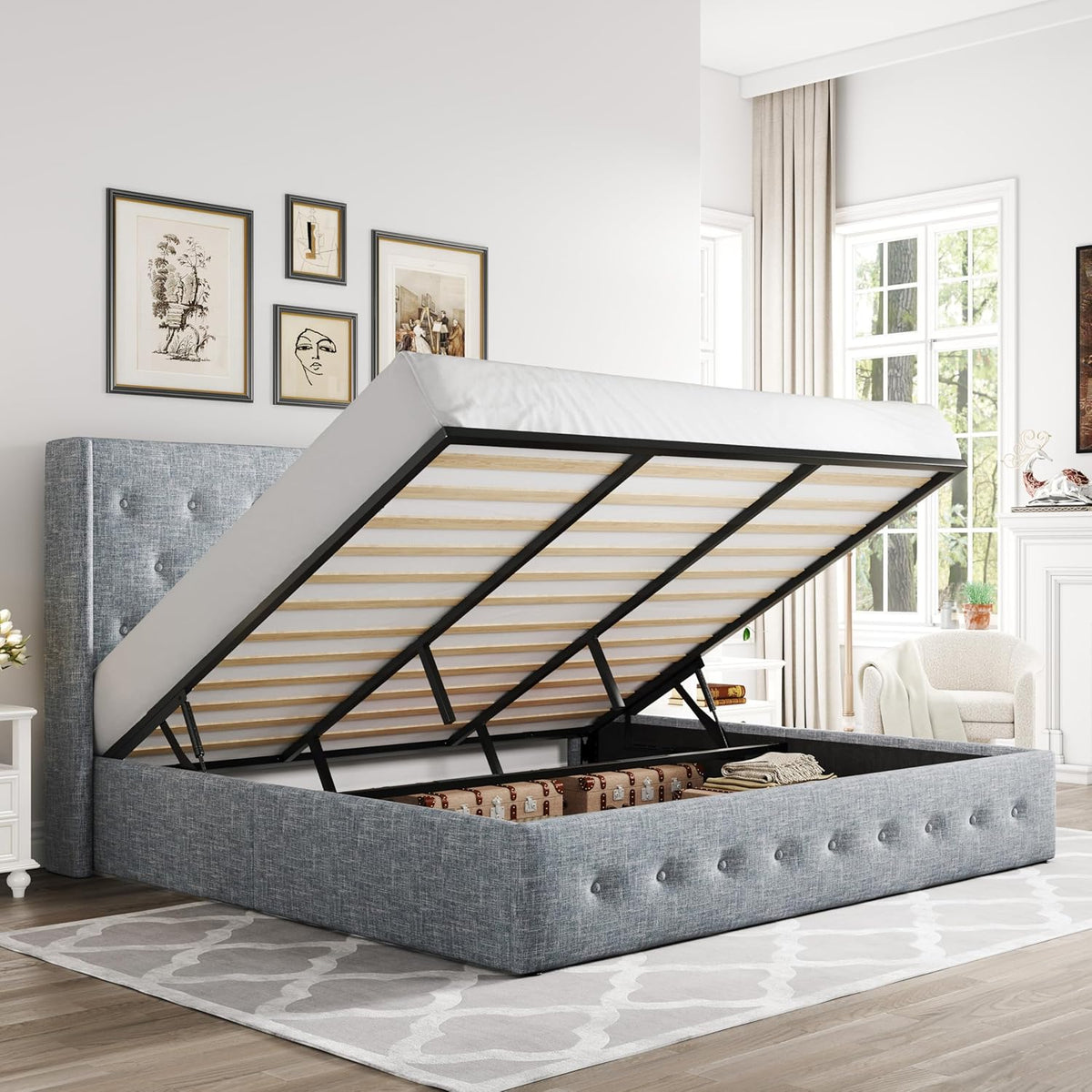 Queen Size Lift-Up Storage Bed With Wingback Headboard, Upholstered Platform Bed Frame With Hidden Storage