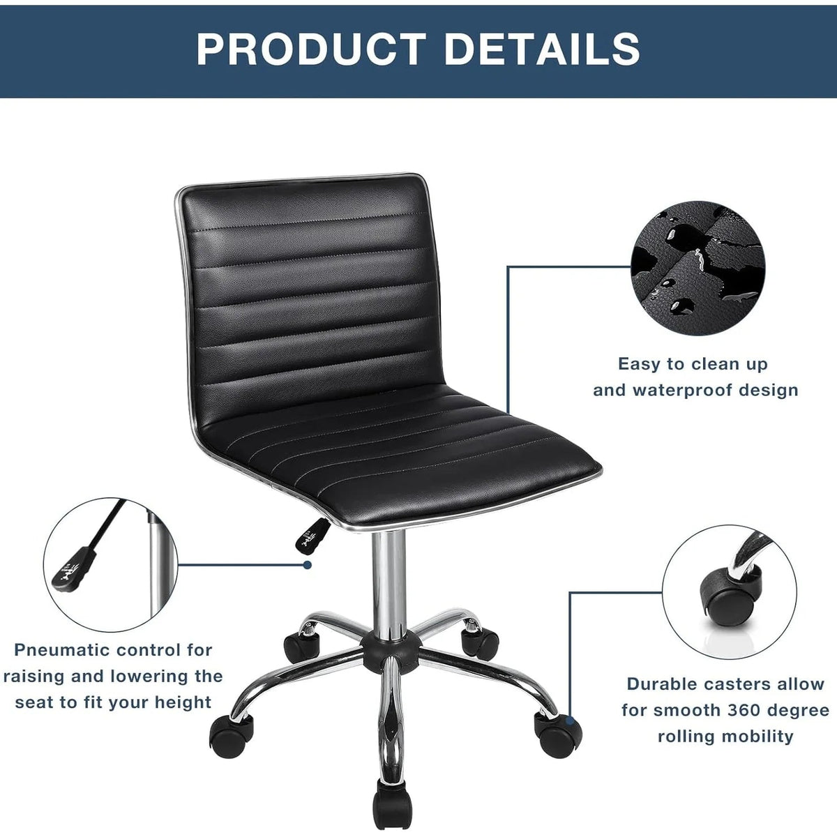 Adjustable Mid-Back Armless Swivel Office Chair With PU Leather - 265 lbs.