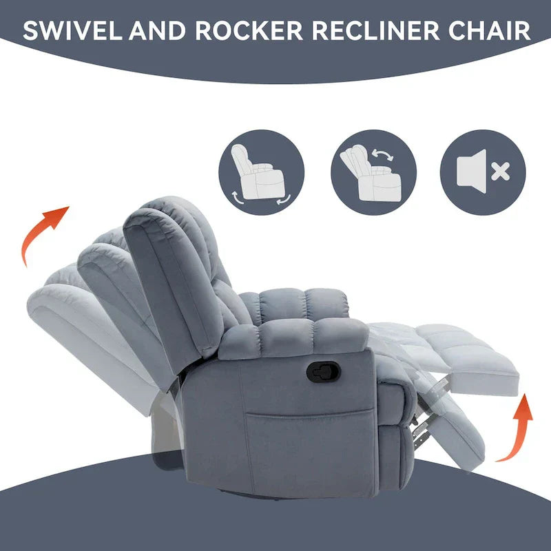 Lazy Boy Oversized Fabric Swivel Rocking Manual Recliner Chair, 37.8L*38.2W*41H, 155 Degrees