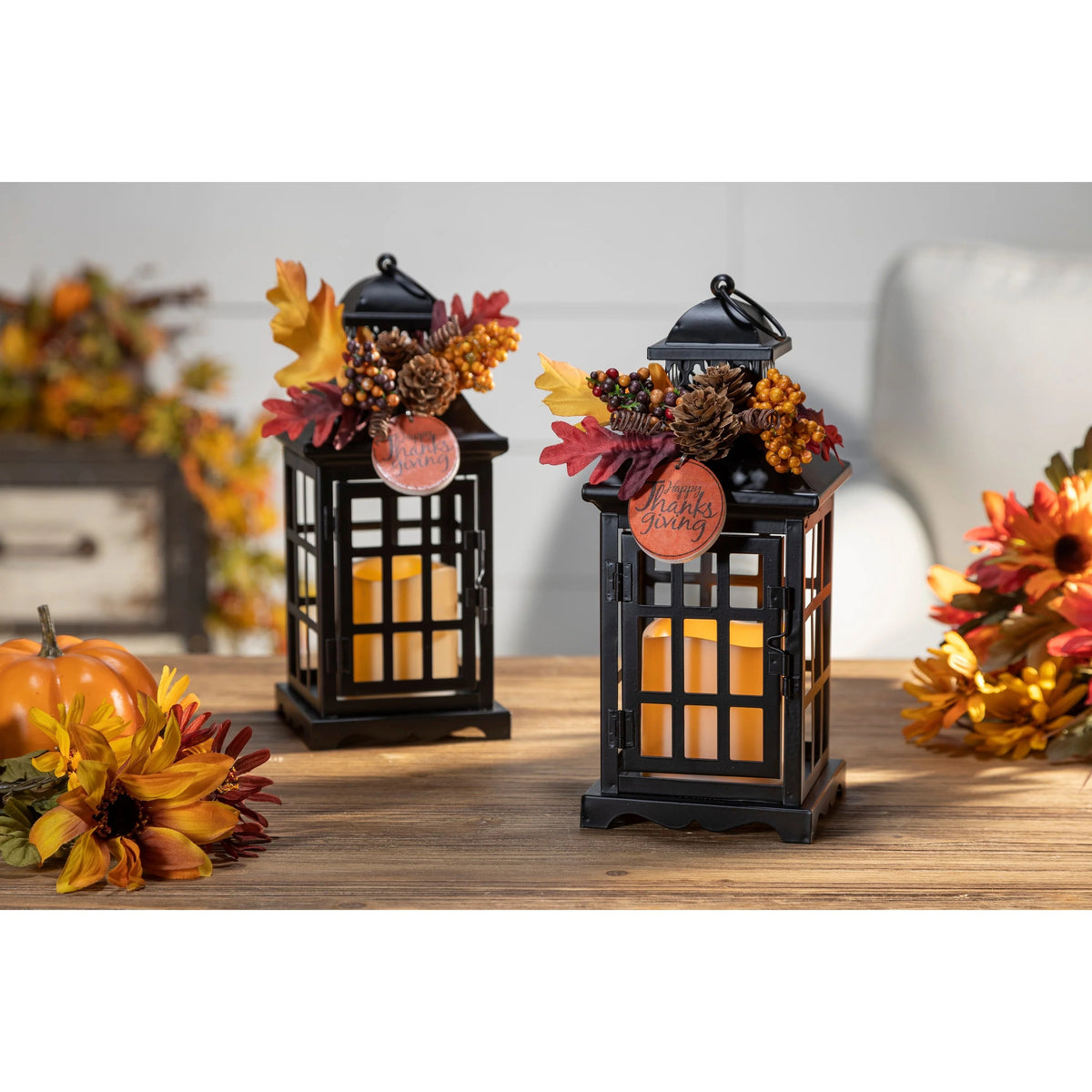 Set Of 2 Autumn Metal Lanterns With Fall Floral Accents And LED Candles