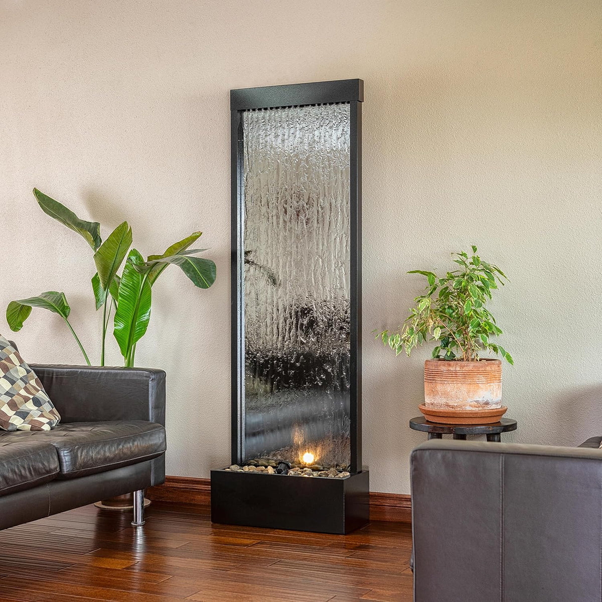 Alpine Corporation Wall-Mounted Mirror Waterfall Fountain With Stones And LED Lights, 24in L x 10in W x 72in H, Silver