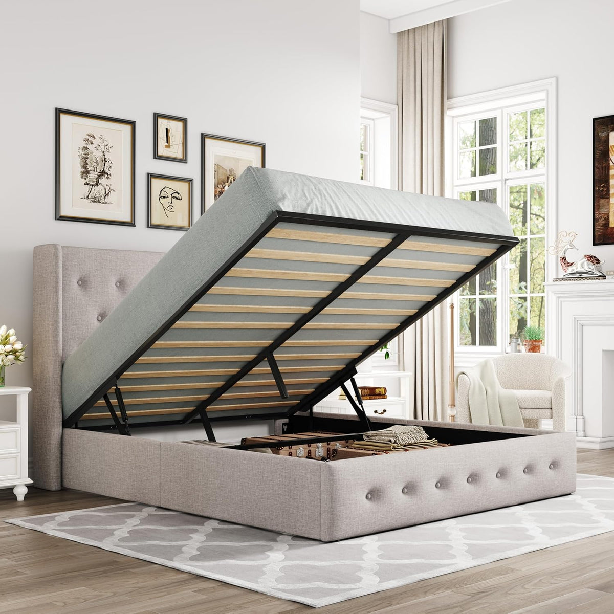 Queen Size Lift-Up Storage Bed With Wingback Headboard, Upholstered Platform Bed Frame With Hidden Storage