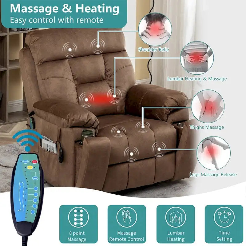 Large Electric Power Lift Recliner With Heat, Massage, Hidden Cup Holder - 40.94W x 38.19D x 42.52H