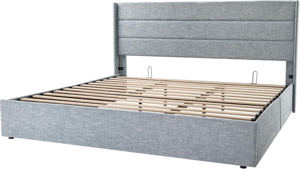 Queen Size Lift-Up Storage Bed With Wingback Headboard, Upholstered Platform Bed Frame With Hidden Storage