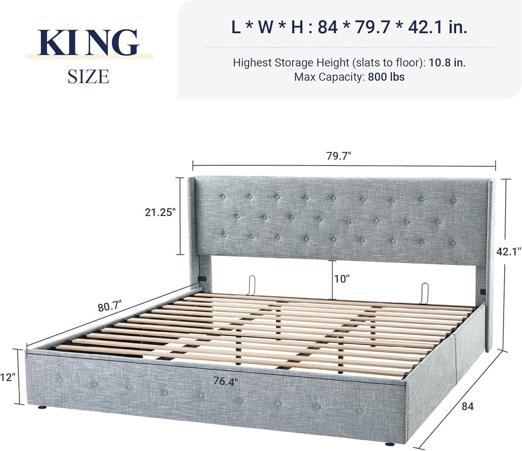 Queen Size Lift-Up Storage Bed With Wingback Headboard, Upholstered Platform Bed Frame With Hidden Storage