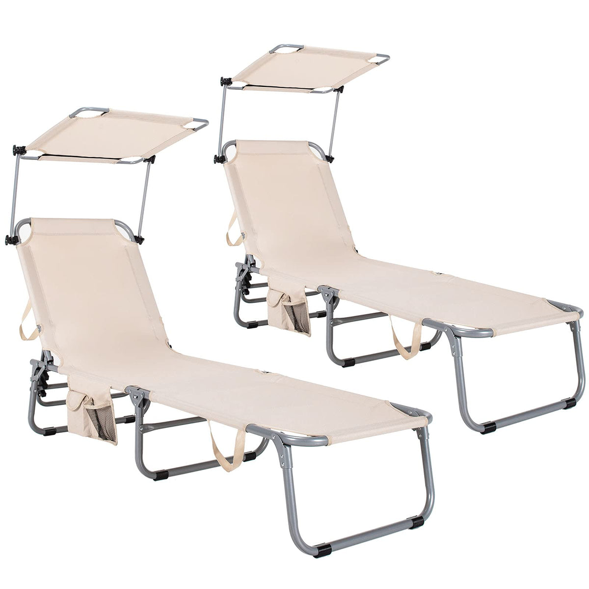 Folding Lounge Chair with Canopy, Storage Pocket, and 5 Adjustable Positions
