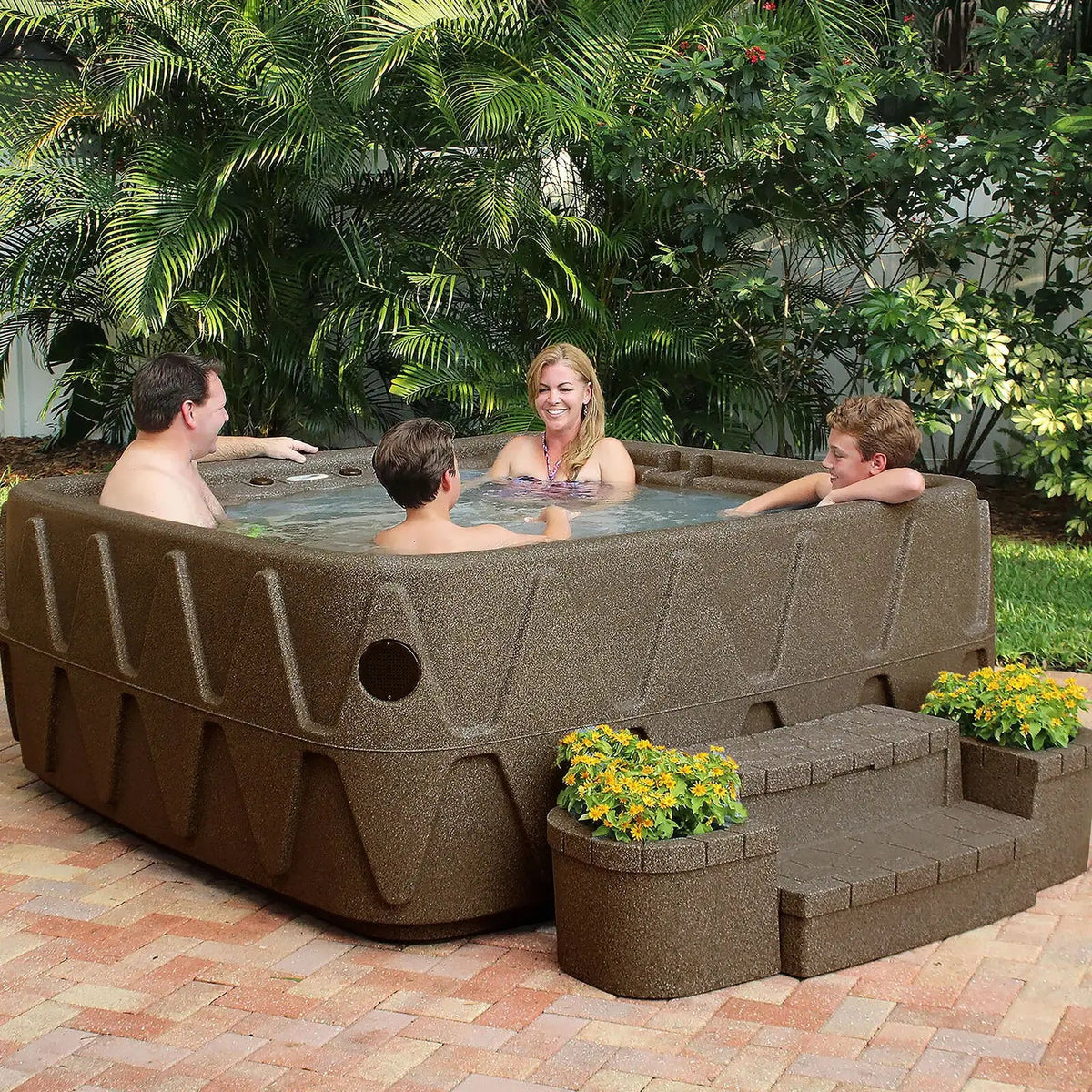 4-Person Square Plug-And-Play Hot Tub With Ozonator, 20 Stainless Steel Jets, LED Waterfall, 110V