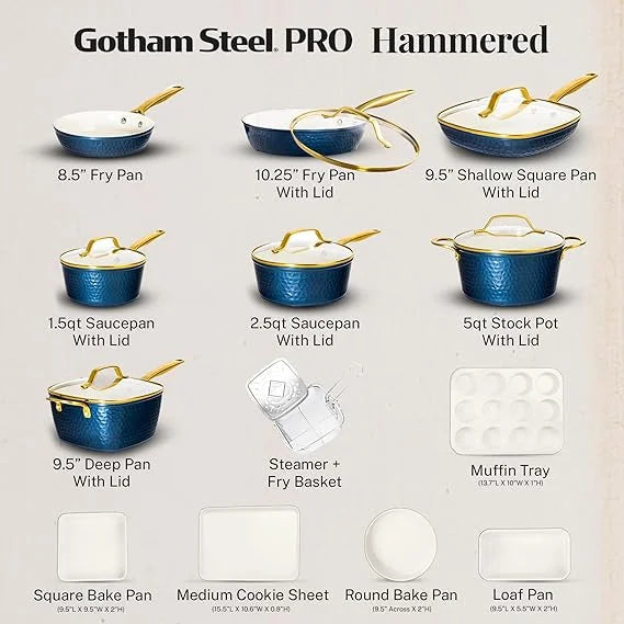 Gotham Steel Hammered 20 Pc Ceramic Nonstick Cookware Set, Copper