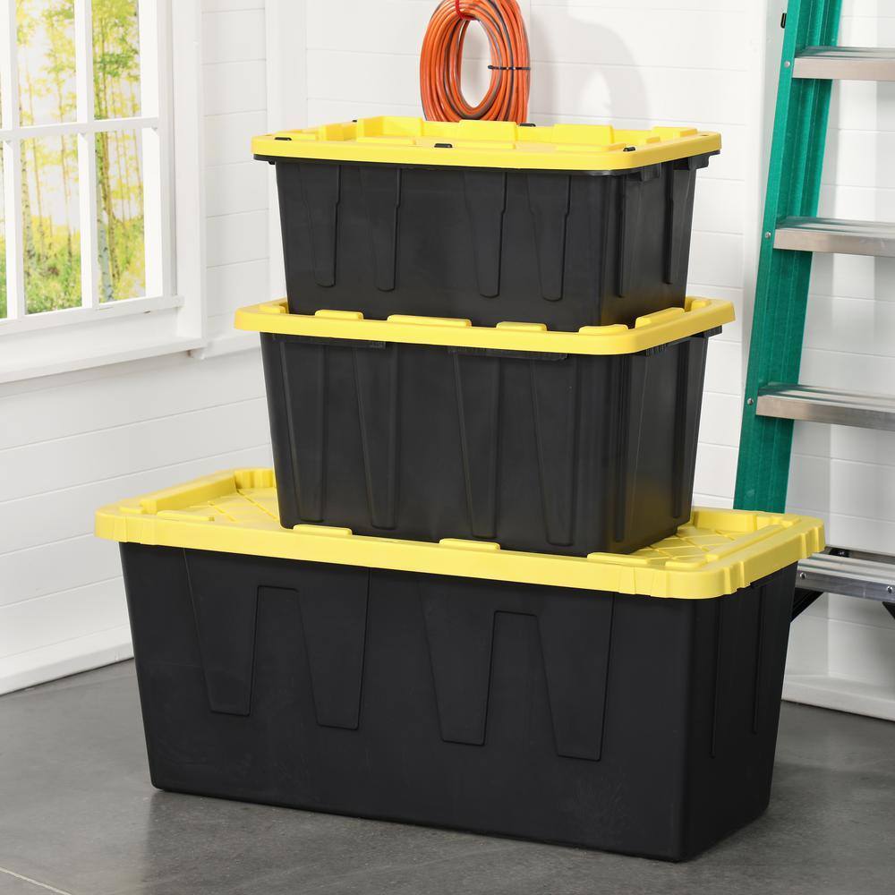 hdx-27-gallon-black-stackable-waterproof-storage-tote-with-yellow-lid-5-pack-1566