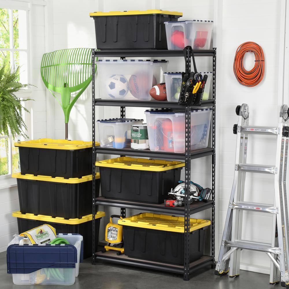 hdx-27-gallon-black-stackable-waterproof-storage-tote-with-yellow-lid-5-pack-1566