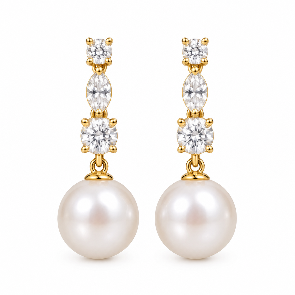 Tiered CZ Pearl Drop Earrings, gold, freshwater pearl