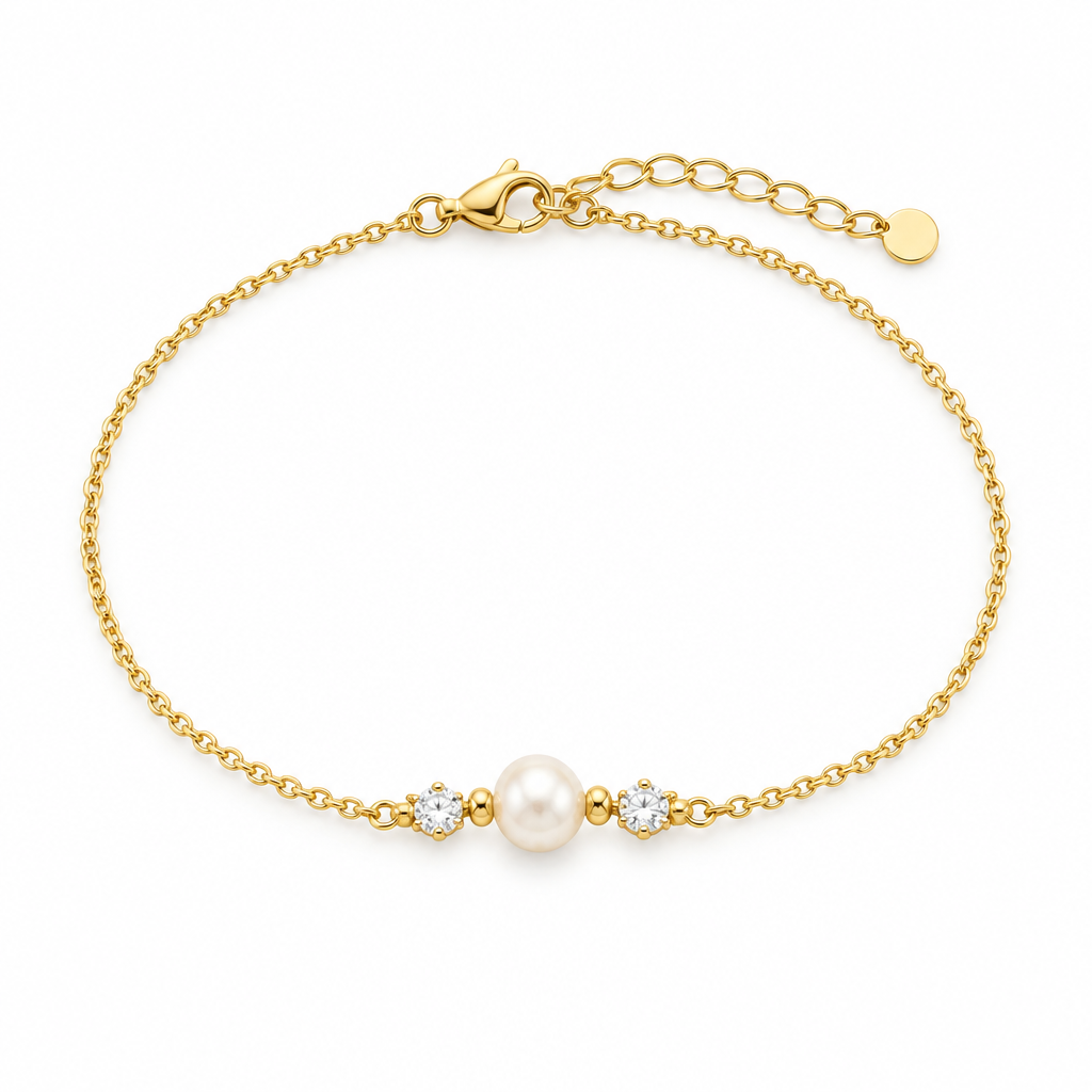 CZ & Pearl Station Bracelet, gold, freshwater pearl