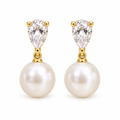 Teardrop CZ Pearl Stud Earrings, gold, freshwater pearl