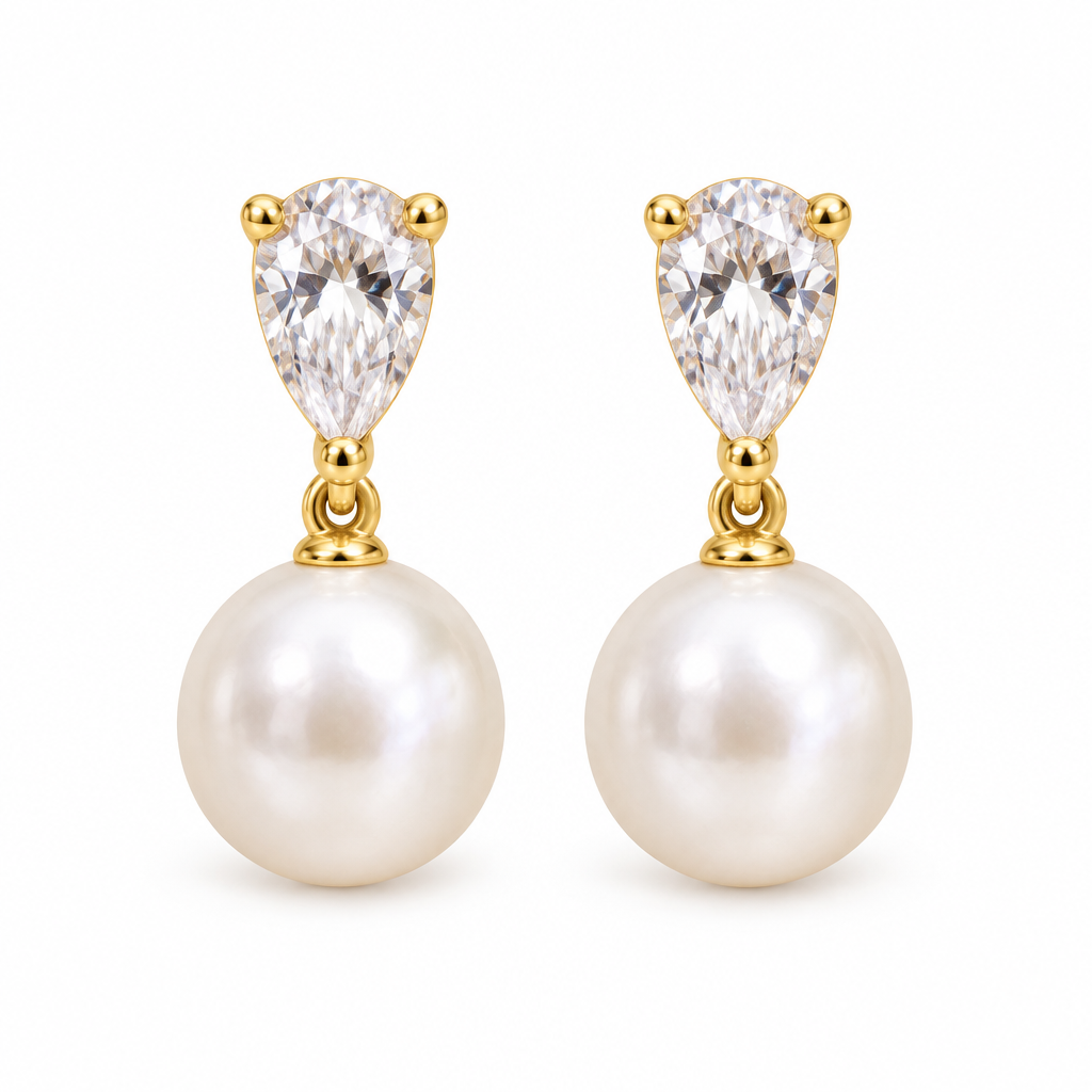 Teardrop CZ Pearl Stud Earrings, gold, freshwater pearl