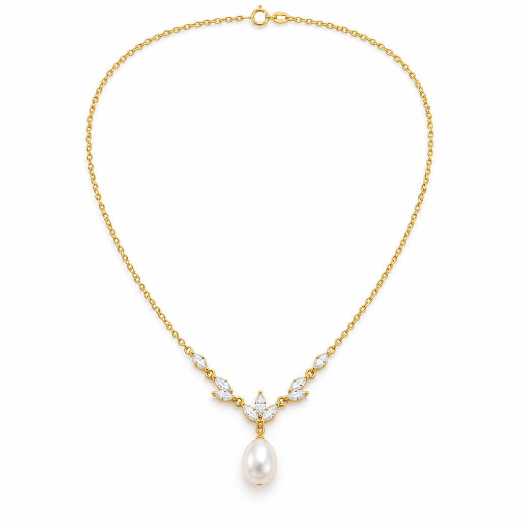 Leaf CZ Pearl Drop Necklace, gold, freshwater pearl