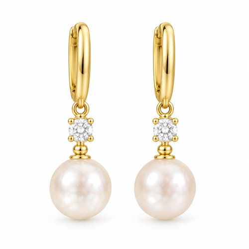 CZ Pearl Drop Huggie Hoop Earrings, gold, freshwater pearl