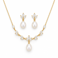 Leaf CZ Pearl Necklace & Earring Set, gold, freshwater pearl