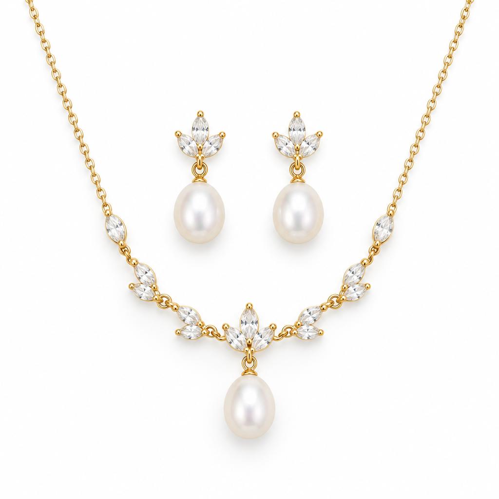 Leaf CZ Pearl Necklace & Earring Set, gold, freshwater pearl
