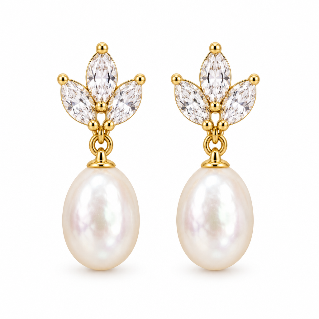 Marquise Leaf CZ Pearl Drop Earrings, gold, freshwater pearl