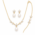 Leaf CZ Pearl Bridal Set: Necklace, Earrings & Bracelet, gold, freshwater pearl