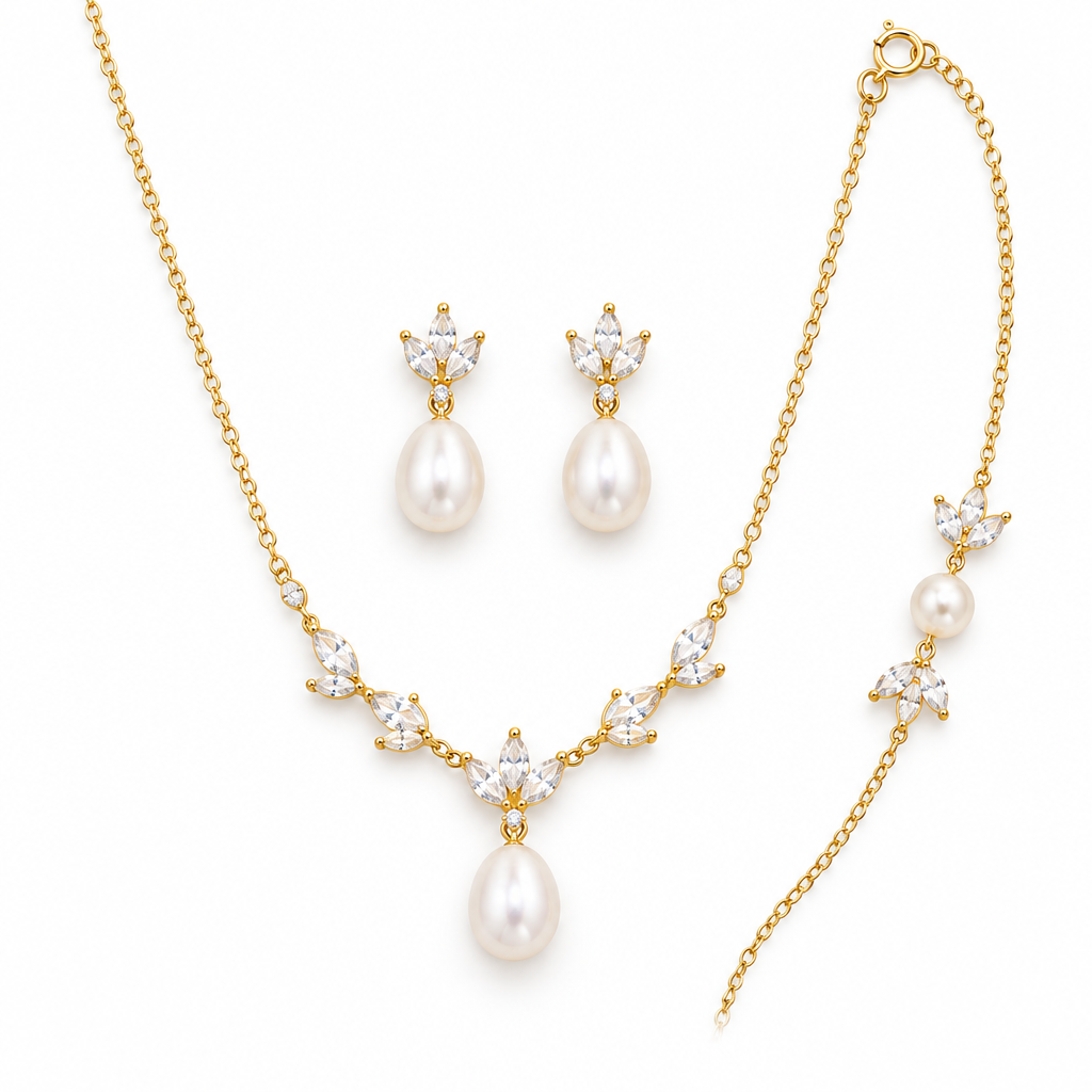 Leaf CZ Pearl Bridal Set: Necklace, Earrings & Bracelet, gold, freshwater pearl