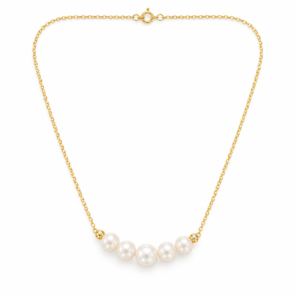 Five Pearl Bar Necklace, gold, freshwater pearl