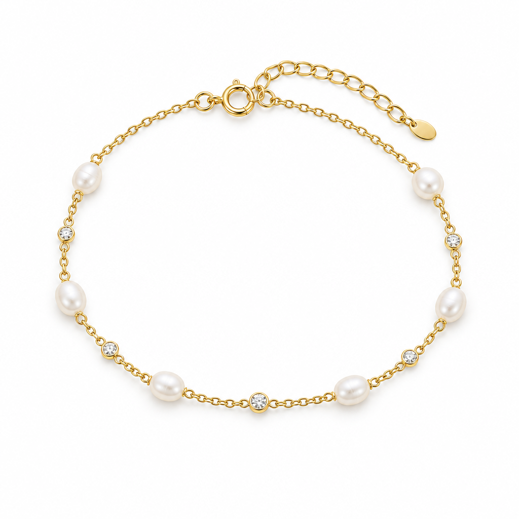 Pearl & CZ Station Bracelet, gold, freshwater pearl