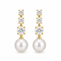 Triple CZ Pearl Drop Earrings, gold, freshwater pearl