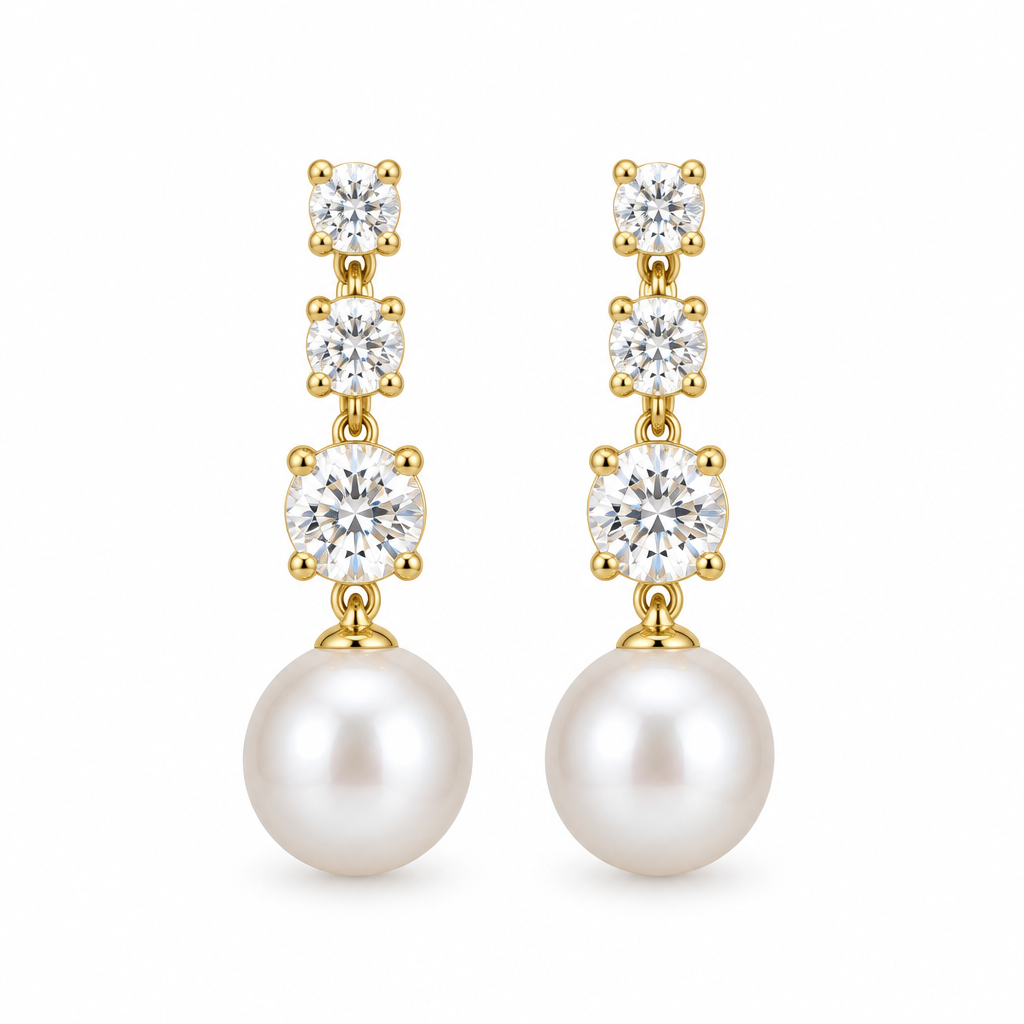 Triple CZ Pearl Drop Earrings, gold, freshwater pearl