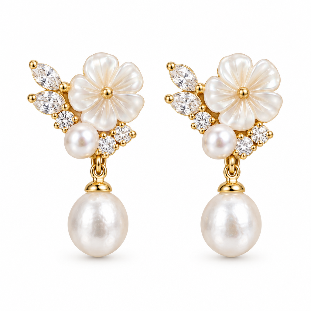 Mother of Pearl Flower Pearl Drop Earrings, gold, freshwater pearl