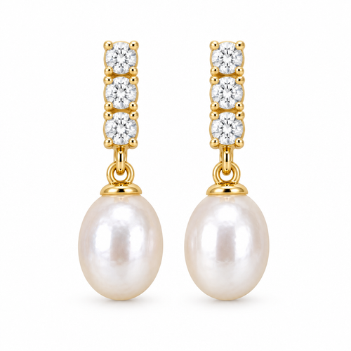 CZ Bar Baroque Pearl Drop Earrings, gold, freshwater pearl