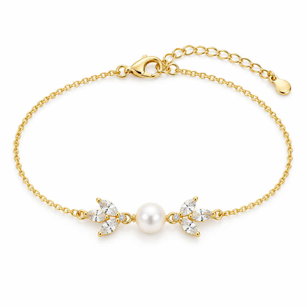 Leaf CZ Pearl Bracelet, gold, freshwater pearl