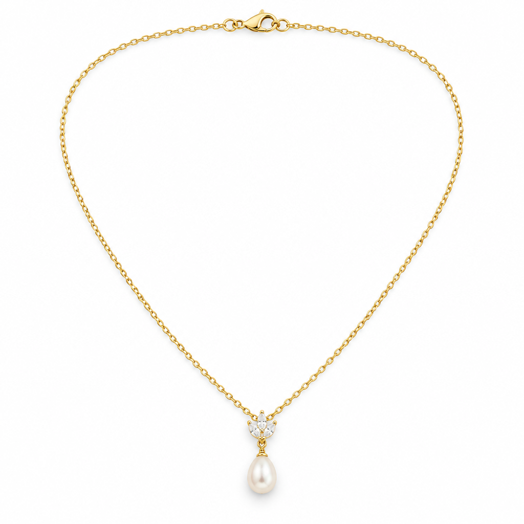 Petite CZ Pearl Drop Necklace, gold, freshwater pearl