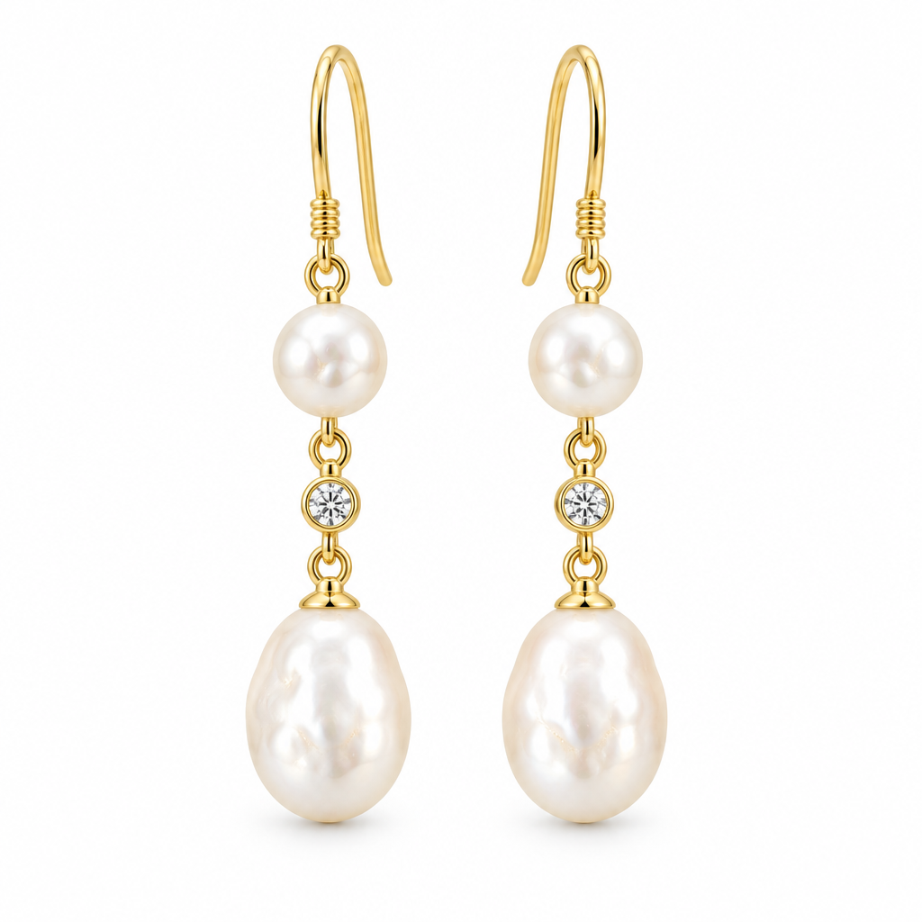 Double Pearl & CZ Hook Earrings, gold, freshwater pearl