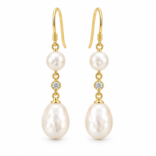 Double Pearl & CZ Hook Earrings, gold, freshwater pearl