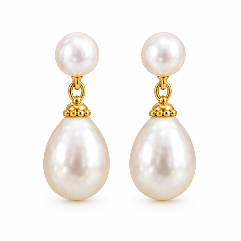 Double Pearl Drop Earrings, gold, freshwater pearl