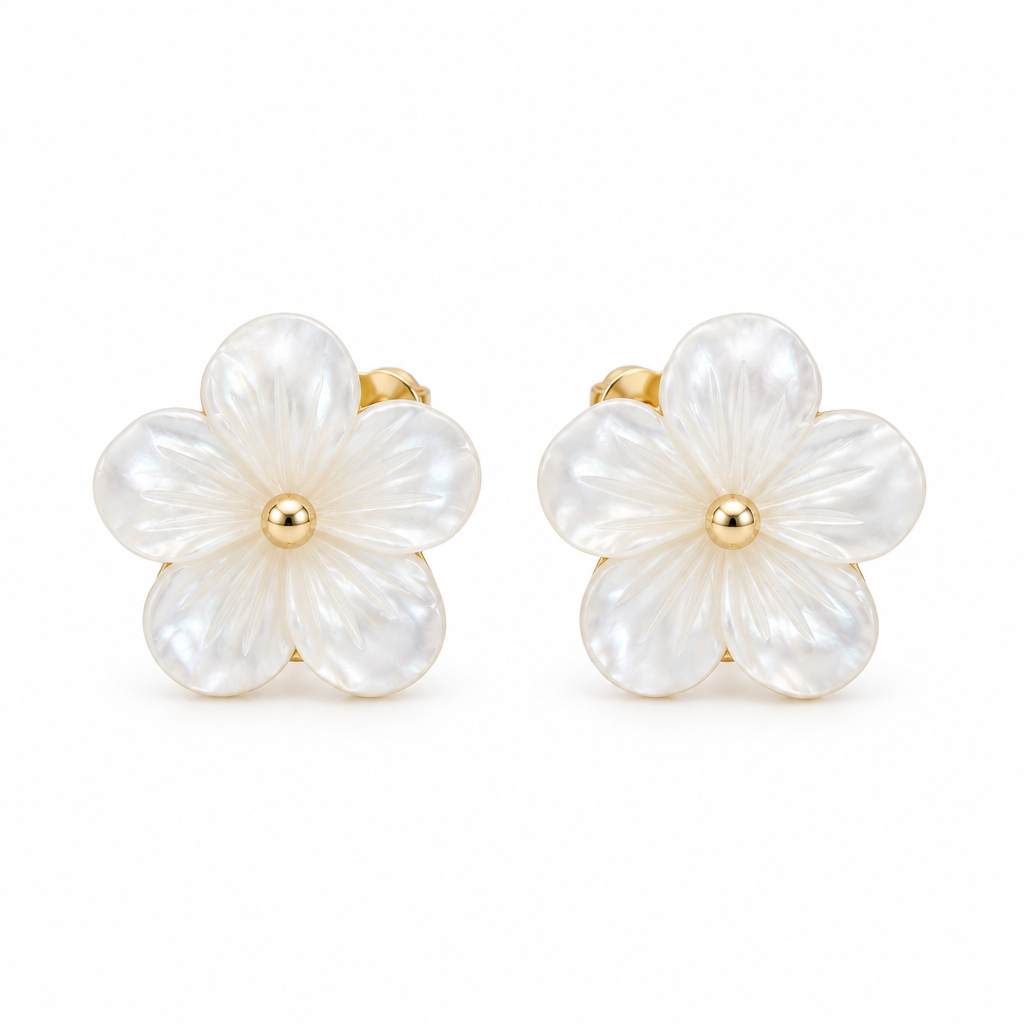 Mother of Pearl Flower Stud Earrings, gold, freshwater pearl