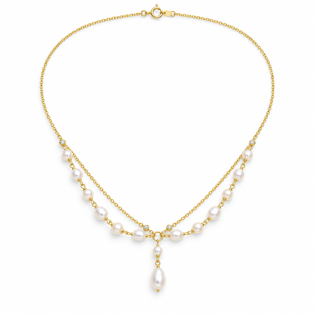 Layered Pearl & CZ Bridal Necklace, gold, freshwater pearl