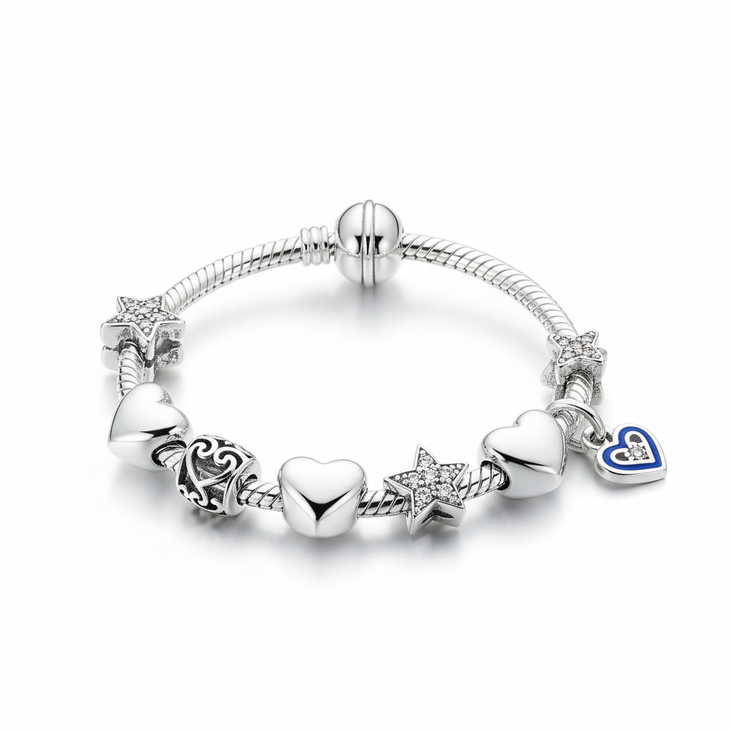 Sterling silver charm bracelet with heart and star charms
